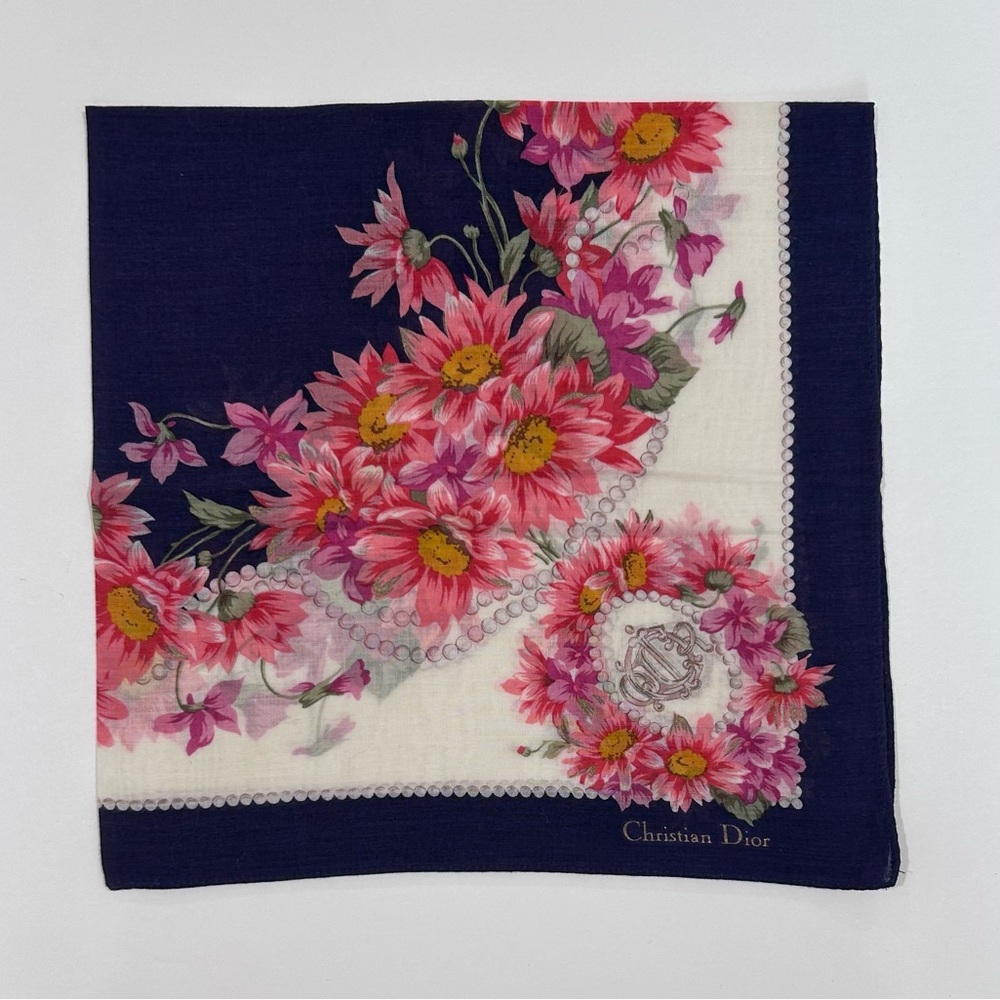 WOMEN HANDKERCHIEF CHRISTIAN DIOR Pink Purple Floral Mini Scarf COTTON 18” - Picture 3 of 6